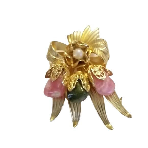Vintage Gold Tone Brooch with Pink & Green and Faux Pearl Cabochon - Picture 5 of 7